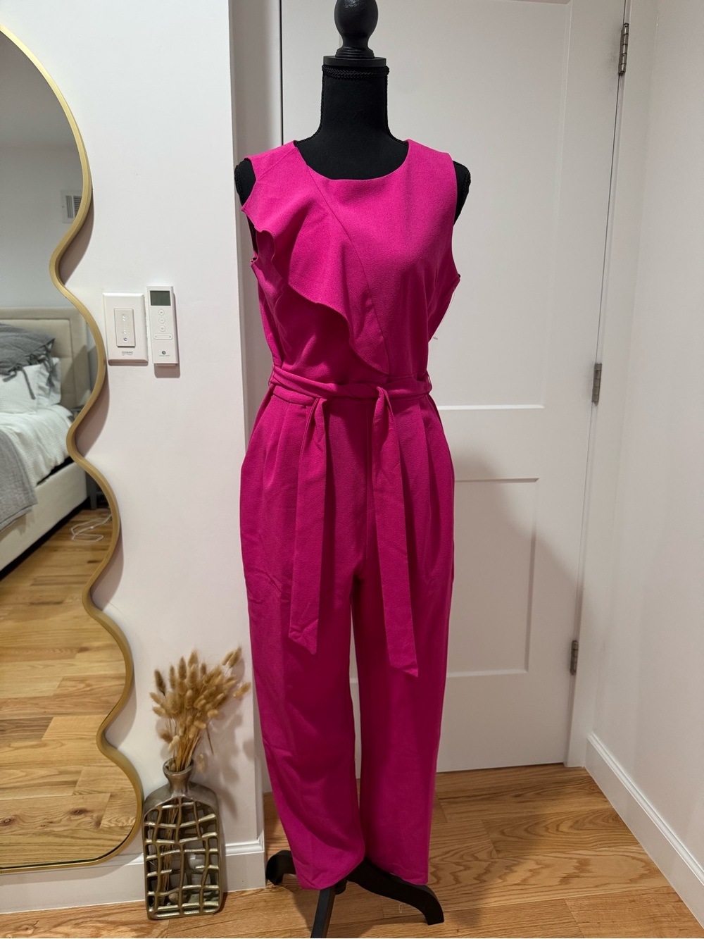 Jessica Howard Sleeveless Ruffle Belted Jumpsuit in Fuchsia